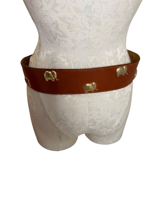 Vintage Womens Brown Leather Belt Gold Toned Elephant Figurea 26-31 Inches main image 13